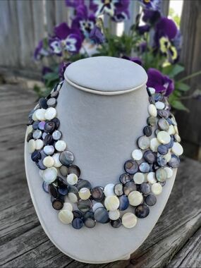 Multi-Strand Mother-of-Pearl Coin Disc Necklace in Ivory and Gray